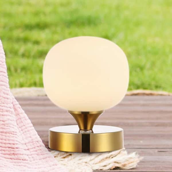 JONATHAN Y Carson Rechargeable Cordless 12.75-in Brass Gold LED Stick Table  Lamp with Glass Shade