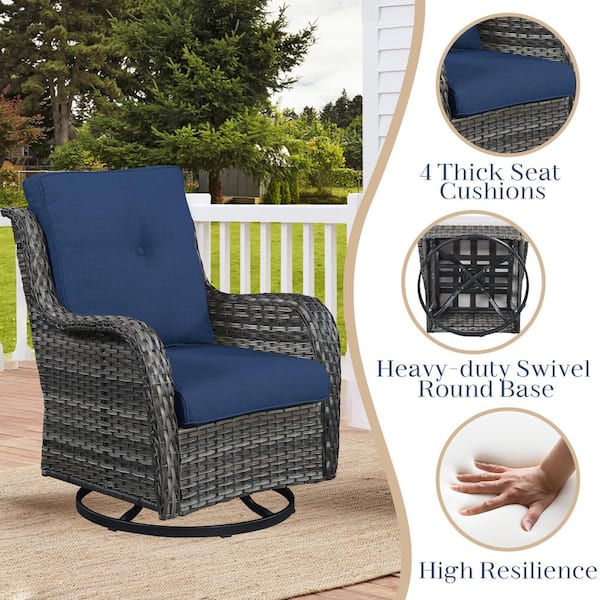 Gray 3-Piece Wicker Patio Conversation Deep Seating Set with Blue Cushions All-Weather Swivel Rocking Chairs