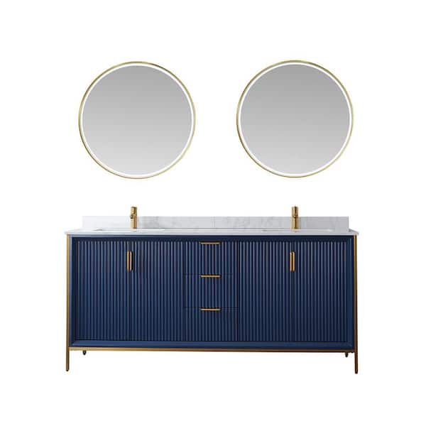 ROSWELL Granada 72 in. W x 22 in. D x 33.8 in. H Double Sink Bath Vanity in Royal Blue with White Composite Stone Top and Mirror