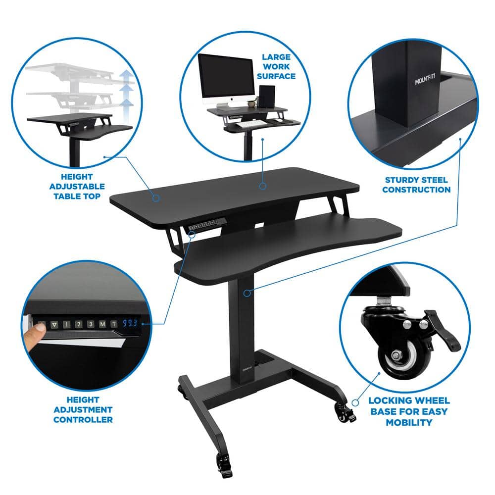 Mount-It! Adjustable Black Steel Mobile Standing Desk with Keyboard Tray 31.5"