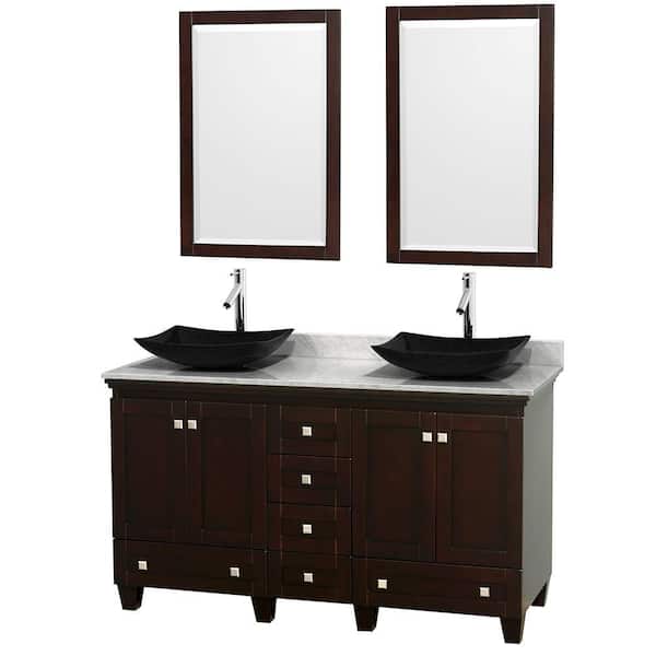 Wyndham Collection Acclaim 60 in. W Double Vanity in Espresso with Marble Vanity Top in Carrara White, Black Sinks and 2 Mirrors