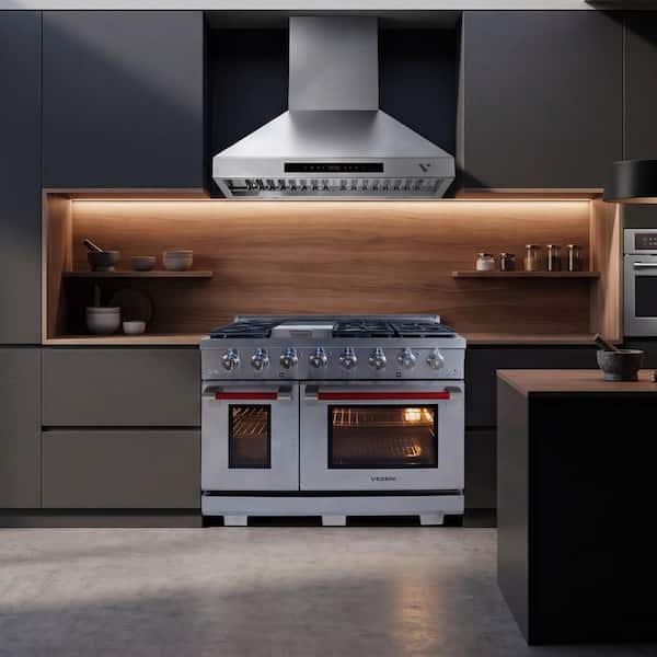 Randolph Pro 48 in. 5-German Brass Burners Freestanding Double Oven Natural Gas Stainless Steel Range, LED Knobs