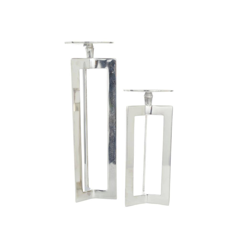 Contemporary Silver Aluminum Geometric Pillar Candle Holders, Set of 2