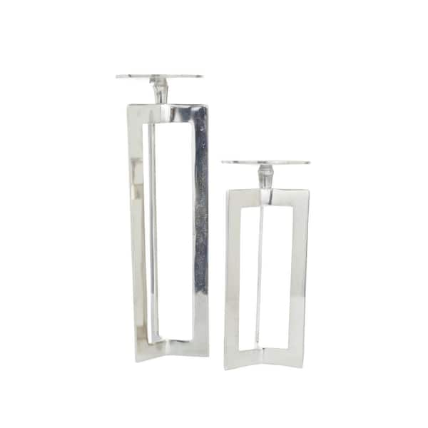 Silver Aluminum Geometric Pillar Candle Holder (Set of 2)