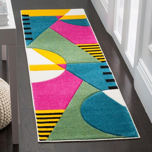 Hollywood 2 ft. x 14 ft. Peacock Blue/Fuchsia Abstract Geometric Runner Rug