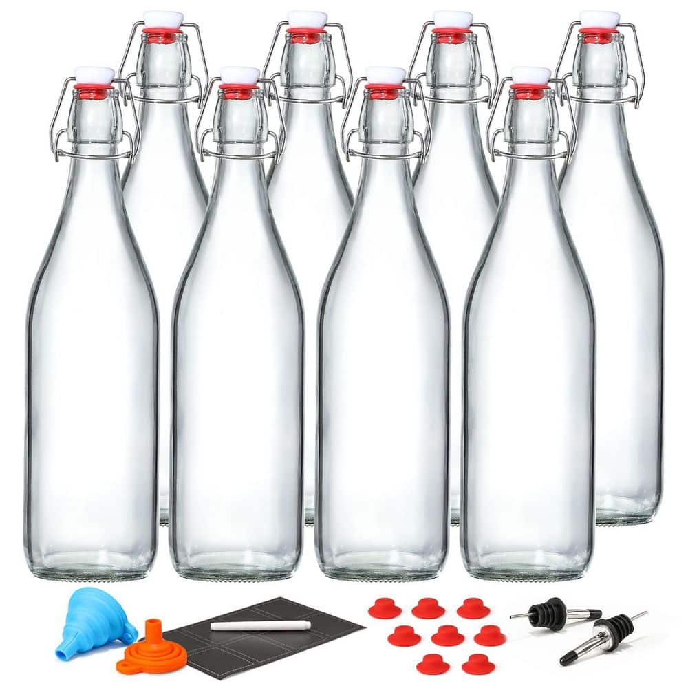 8-Pack 33 oz. Beer Brewing Kit with 8 Extra Seals and 2 Pourers, Swing Top Glass Bottles with Airtight Stopper Lids