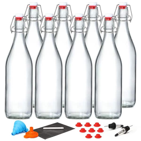 8-Pack 33 oz. Beer Brewing Kit with 8 Extra Seals and 2 Pourers, Swing Top Glass Bottles with Airtight Stopper Lids