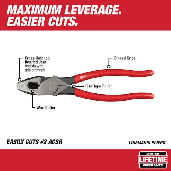 Milwaukee 9 in. High-Leverage Linesman Pliers with 8 in. Dipped Grip Long  Nose Pliers (2-Piece) 48-22-6502-48-22-6501 - The Home Depot