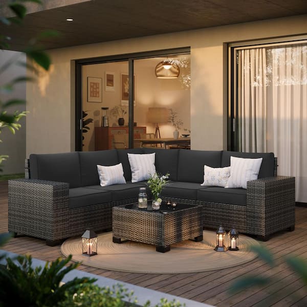 5-Person Modular Wide Armrest Outdoor Rattan Sectional Seating Group