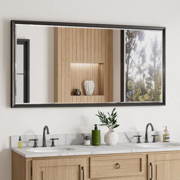 48 in. W x 24 in. H Aluminum Beveled Edge Rectangular Framed Bathroom Vanity Wall Mount Mirror in Brushed Black