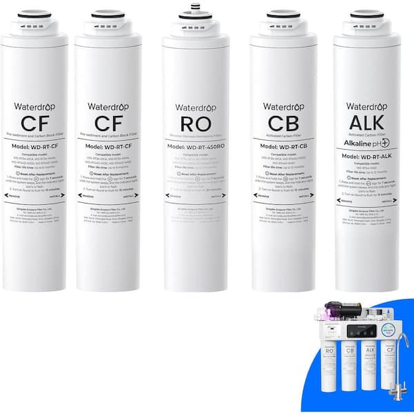 WD-T4-RCAO Replacement Filter, Pack of 1 RO+ 2CF+1CB+1 Alkaline Filter, Replacement for WD-T4-A Tankless RO System