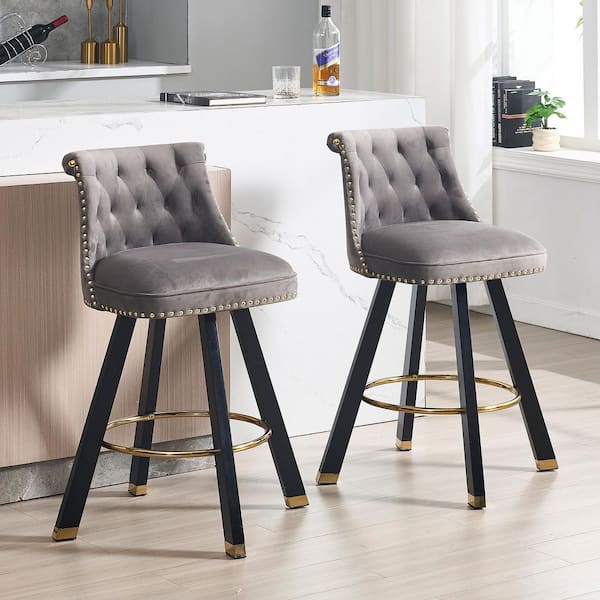 Modern Grey Velvet Wood Swivel Counter Height Bar Stools with Tufted Backrest and Copper Nails Set of 2
