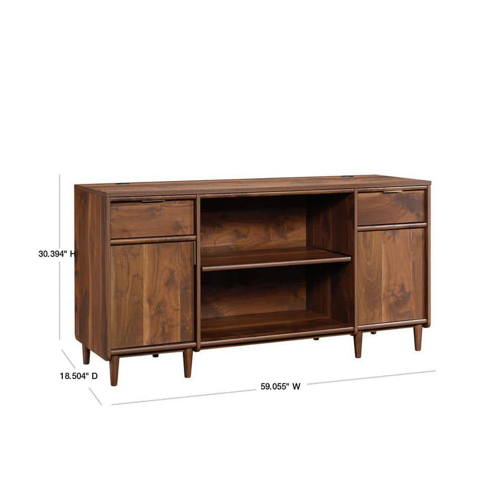 Grand Walnut Mid-Century 59'' Storage Credenza with Brass Accents