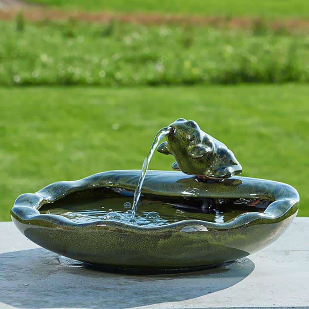 Green Glazed Ceramic Solar Powered Frog Tabletop Fountain