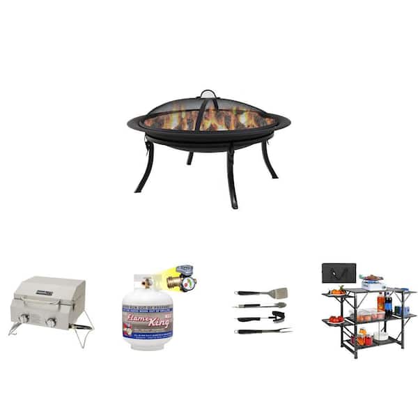 29 in. Fire Pit, Spark Screen, 2-Burner Grill, 20 lb. Propane Cylinder, 4-Piece Grill Tool Set, Cook Station