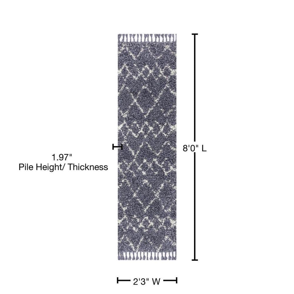 Blue/Cream Moroccan Tribal Geometric Trellis Synthetic Shag Rug