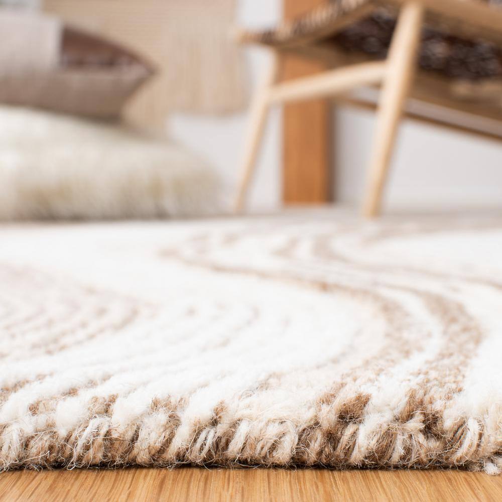 Ivory and Beige Abstract Handmade Wool and Silk Rug