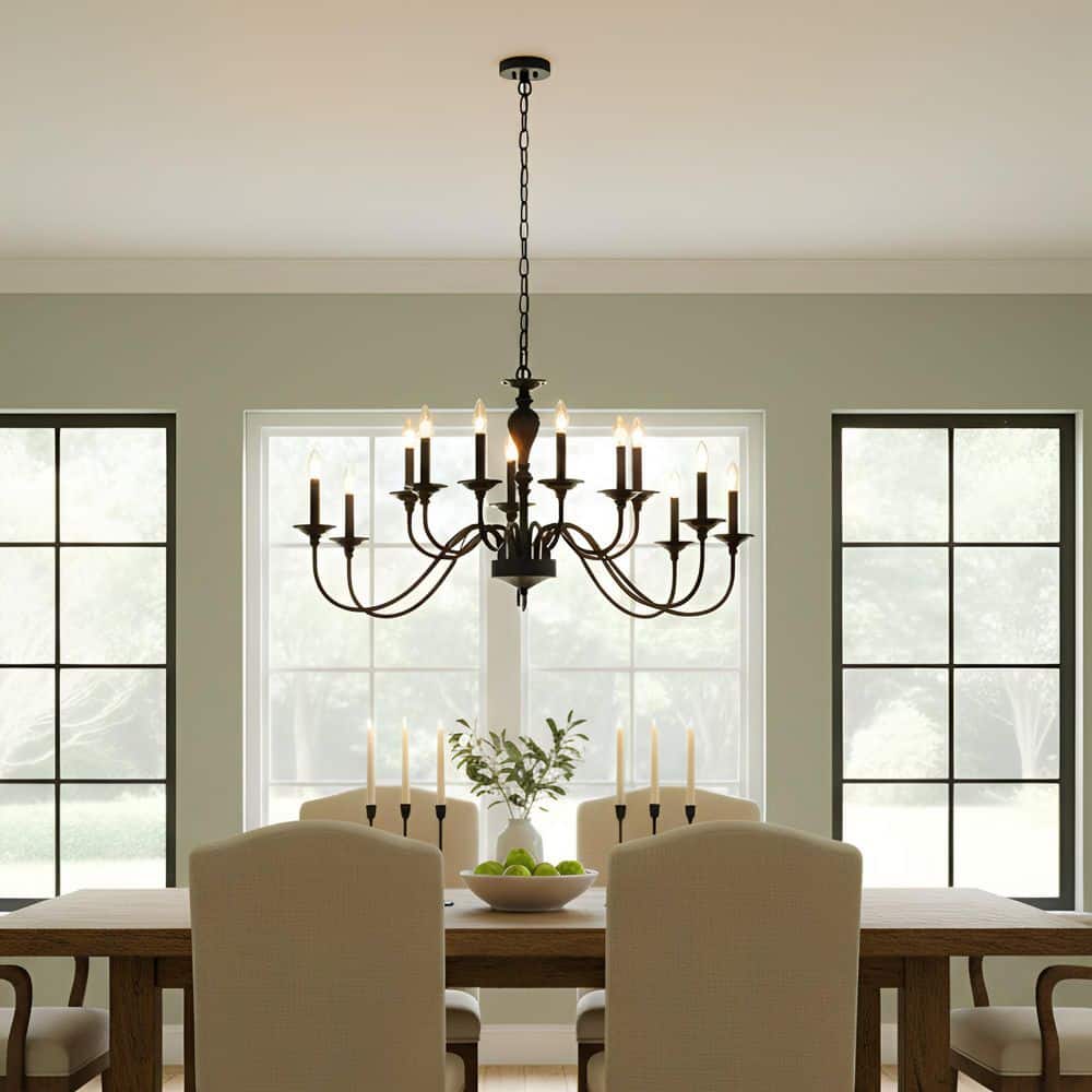 YANSUN 12-Light Black Farmhouse Chandelier, Industrial Candle