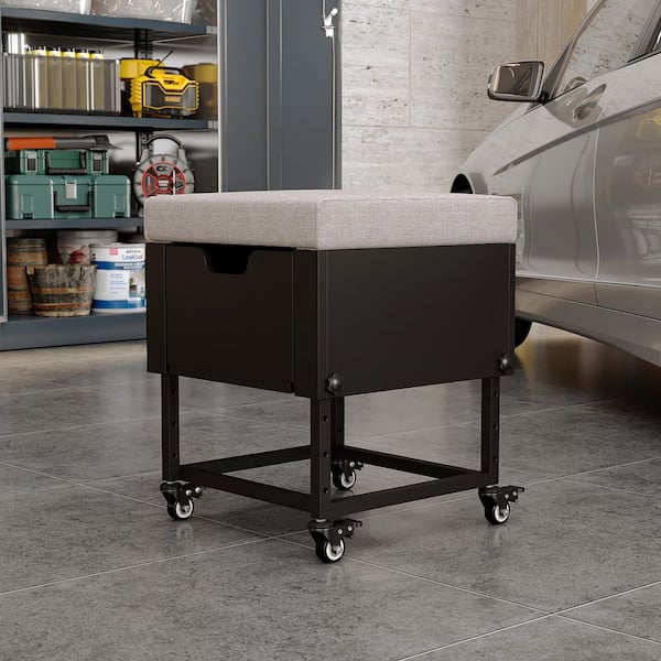 Black and Gray Fabric Top Metal Frame Wood Panel Rectangle Storage Ottoman with A Drawer & 4 Wheel