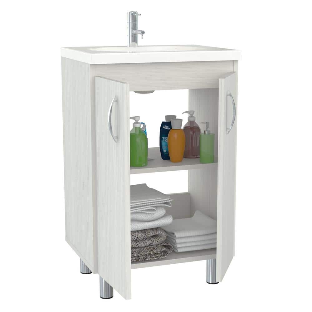 Washed Oak Freestanding Bathroom Vanity with White Sink Bowl