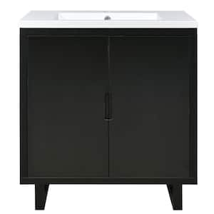 30 in. W x 18.1 in. D x 35.1 in. H Single Sink Freestanding Bath Vanity in Black w/White Resin Top &2 Soft Closing Doors