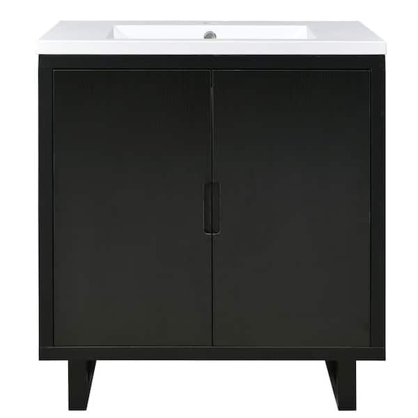 Unbranded 30 in. W x 18.1 in. D x 35.1 in. H Single Sink Freestanding Bath Vanity in Black w/White Resin Top &2 Soft Closing Doors