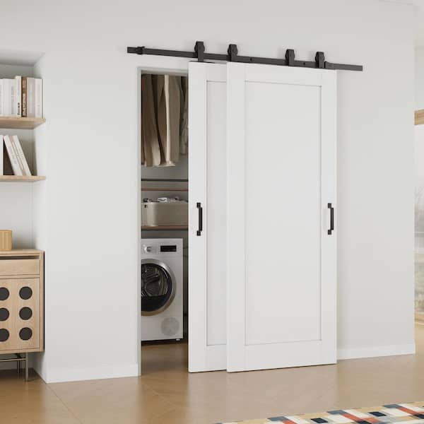 ARK DESIGN 56 in. x 80 in. (Double 32 in.) 1-Panel White Primed Solid Core MDF Sliding Barn Door with Hardware Kit Bypass