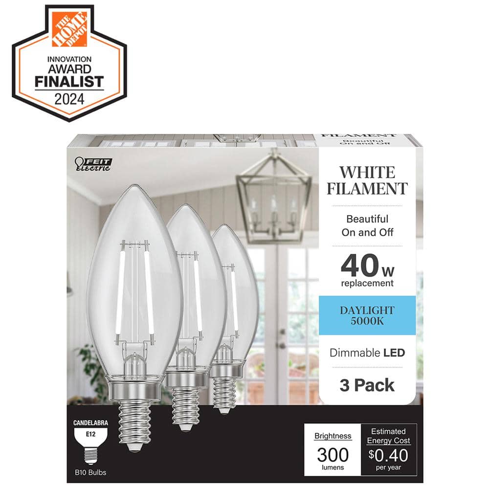 40-Watt Equivalent B10 E12 Candelabra Dim White Filament Clear Glass Chandelier LED Light Bulb Daylight 5000K (3-Pack) price history on PriceWatchPro