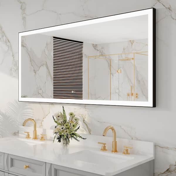72 in. W x 36 in. H Large Rectangular Framed Anti-Fog Wall Mounted LED Bathroom Vanity Mirror in Matte Black with Light