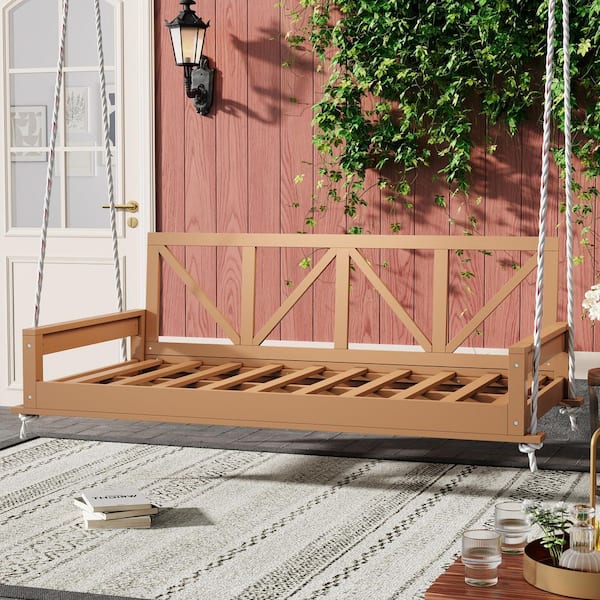 Modern Natural 85.4 in. W Acacia Wood Twin Size Porch Swing Hanging Bed with 16.4 ft. Hemp Ropes