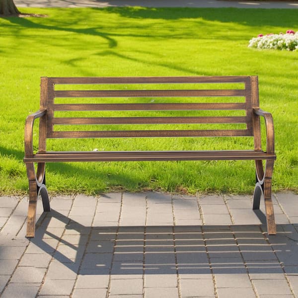 Outdoor Bench, 23 in. W, 2-3-Person, Antique Bronze Carbon Steel Metal Outdoor Bench Frame with Slatted Pattern Backrest