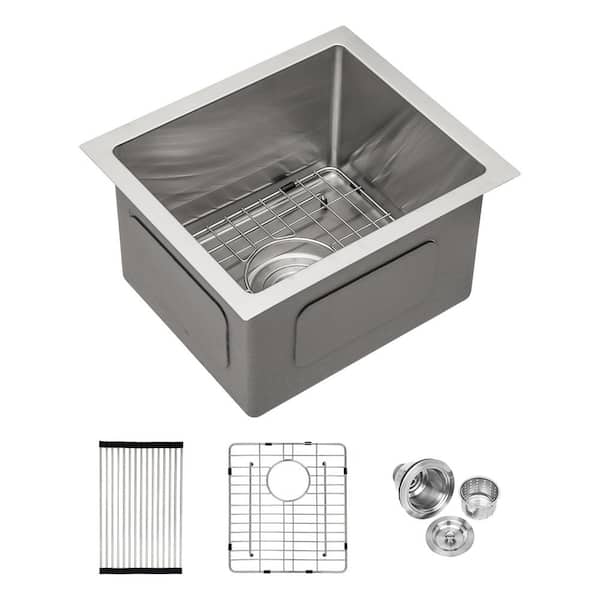 15 in. Drop-In/Undermount Single Bowl 16 Gauge Brushed Nickel Stainless Steel Kitchen Sink with Grid and Drain
