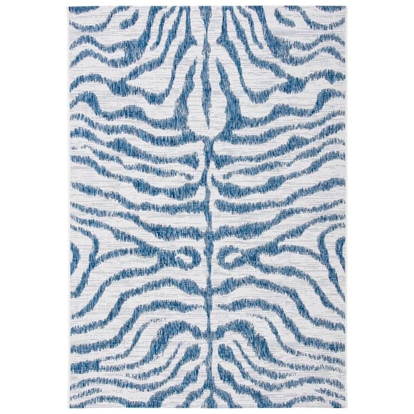 Courtyard Ivory/Navy Doormat 2 ft. x 4 ft. Zebra Indoor/Outdoor Area Rug