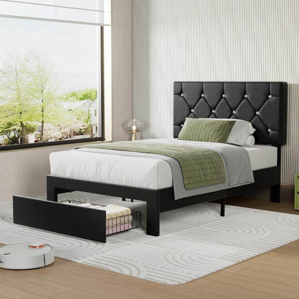VECELO Upholstered Storage Bed-1 Drawer, Black Metal Frame