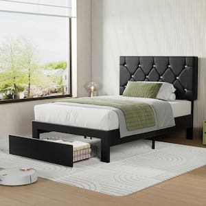 Upholstered Storage Bed-1 Drawer, Black Metal Frame Twin Platform Bed with Faux Leather Tufted Headboard, Wood Slats