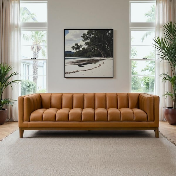 Jenny 90.5 in. Square Arm Faux Leather Mid Century Modern Rectangle Living Room Straight Sofa in. Cognac
