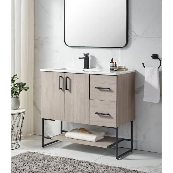 VC CUCINE 36 in. W x 18 in. D x 34 in. H Freestanding Bathroom Vanities in Gray Walnut Oak with White Ceramic Sink Top