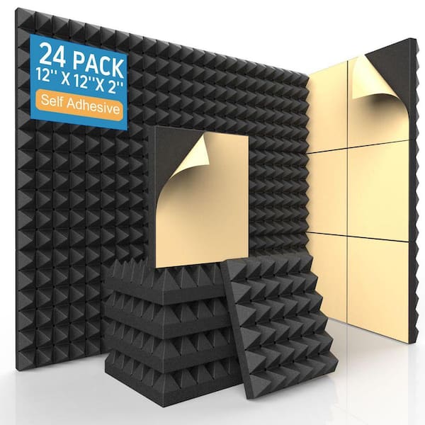 1. 7 in. T x 1. 1 ft. x 1 ft. Black Polyurethane Sound Absorbing Panel Noise Reduction Pyramid Acoustic Foam 24-Pack