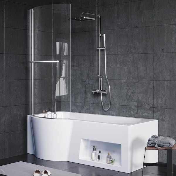 66 in. Acrylic Soaking Bathtub with Left Drain, Left Cabinet and Shower Door, Easy Clean, Ergonomic Design in White
