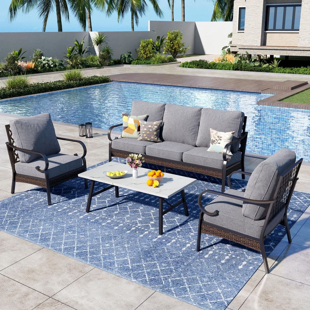 4-Piece Black Metal Outdoor Patio Conversation Sectional Seating Set with Marbling Coffee Table and Gray Cushions price history on PriceWatchPro