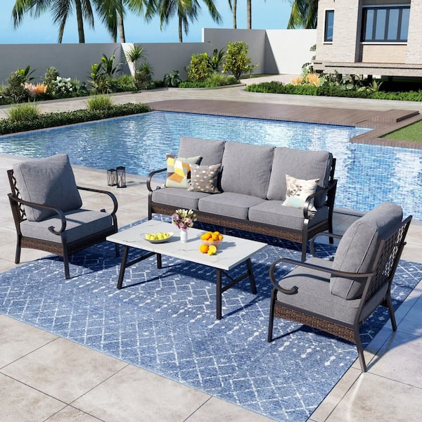 PHI VILLA 4-Piece Black Metal Outdoor Patio Conversation Sectional Seating Set with Marbling Coffee Table and Gray Cushions