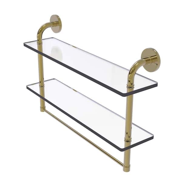 Allied Brass Remi Collection 22 in. 2-Tiered Glass Shelf with Integrated Towel Bar in Unlacquered Brass