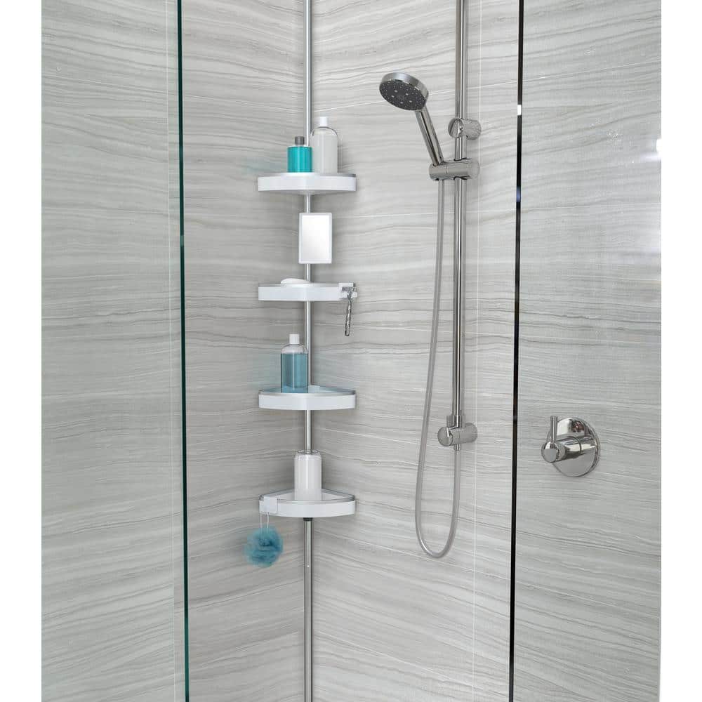 White Aluminum 9-Foot Tension Shower Caddy with Mirror