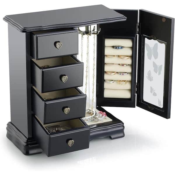 Wooden Jewelry Box with 4-Drawers Built-in Necklace Carousel and