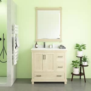 Rion 36 in. Rustic White Bathroom Vanity with White Composite Granite Vanity Top, White Ceramic Oval Sink and Backsplash