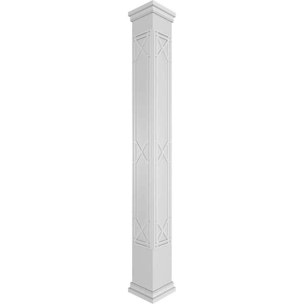 Ekena Millwork 7-5/8 in. x 10 ft. Premium Square Non-Tapered Bungalow Fretwork PVC Column Wrap Kit w/Prairie Capital and Base