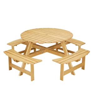 Outdoor Patio 8 Person Wooden Natural Round Picnic Table and Bench Set with Umbrella Holes and 4 Built-in Benches