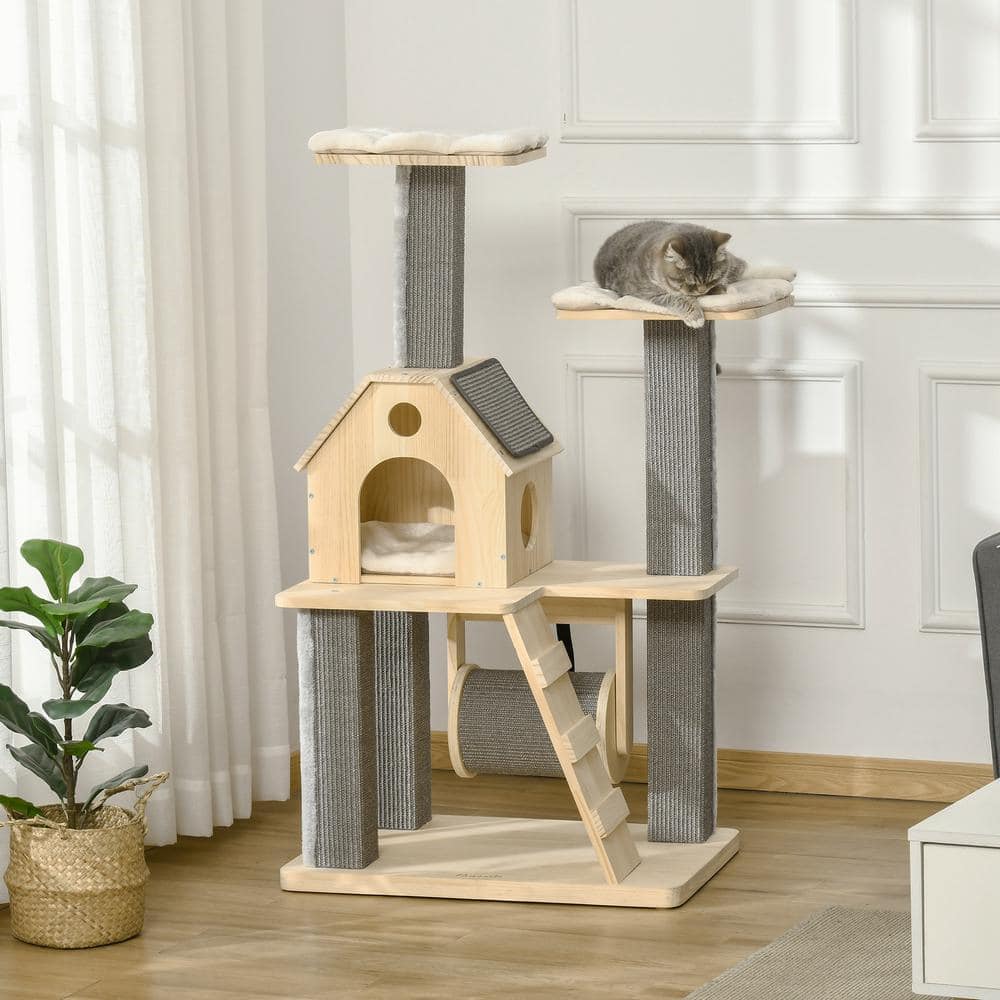 Natural Wooden Cat Tree with Sisal Scratching Posts and Cushions