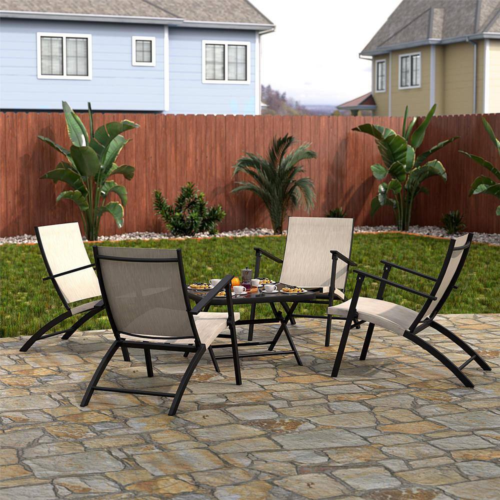 Beige and Black Steel 5-Piece Folding Sling Patio Chat Set