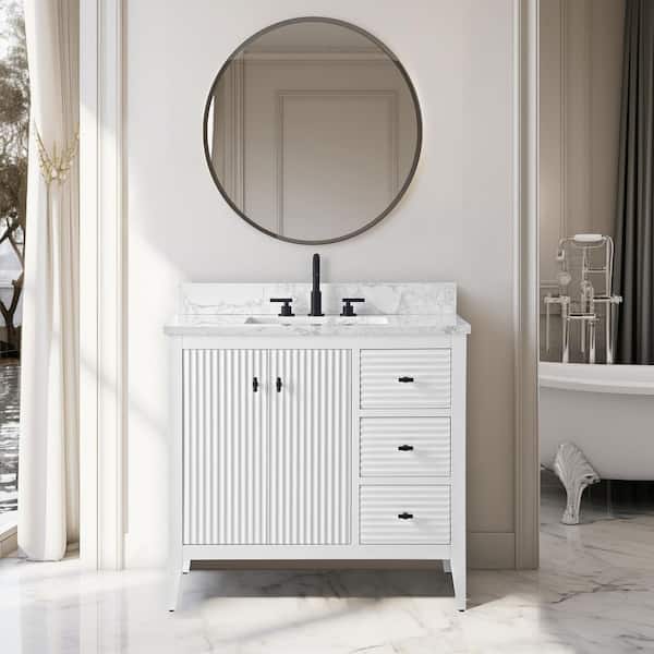 36 in. W x 22 in D x 38 in. H Single Sink Bath Vanity Cabinet in Linear White with White Engineered Marble Top